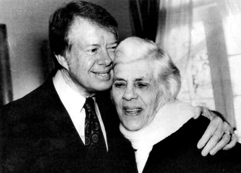 Carter with his mother Lillian Carter in Americus in 1977. AJC file