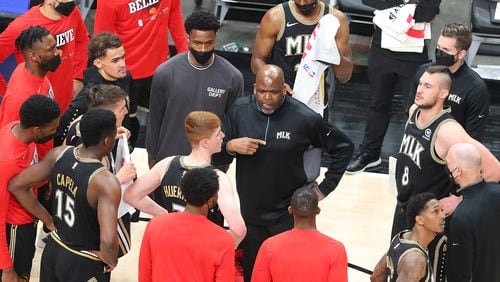 Hawks interim head coach Nate McMillan addresses his team during Game 4 of first-round NBA playoff series Sunday, May 30, 2021, against the New York Knicks at State Farm Arena in Atlanta. The Hawks won 113-96, taking a commanding 3-1 series lead. (Curtis Compton / Curtis.Compton@ajc.com)