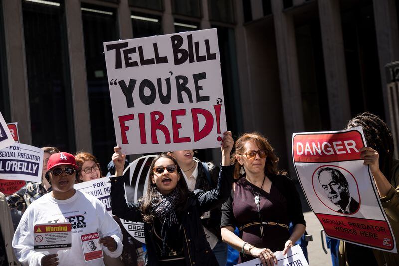  NEW YORK, NY - APRIL 18: Demonstrators rally against Fox News television personality Bill O'Reilly outside of the News Corp. and Fox News headquarters in Midtown Manhattan, April 18, 2017 in New York City. The protest against O'Reilly, who has been the subject of numerous sexual harassment allegations and legal settlements, was organized by the women's group UltraViolet and the New York chapter of National Organization for Women. (Photo by Drew Angerer/Getty Images)