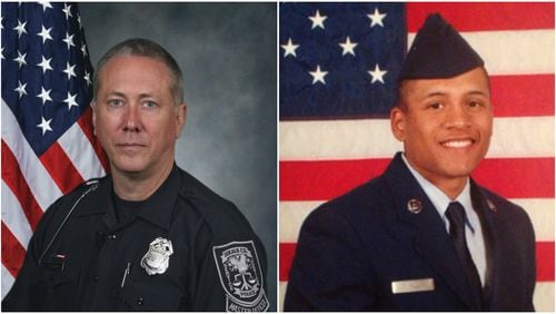 Former DeKalb County Police Officer Robert Olsen (left) and U.S. Air Force veteran Anthony Hill.  Olsen was charged in January 2016 with felony murder, aggravated assault, violation of oath of office and making a false statement in Hill's death.