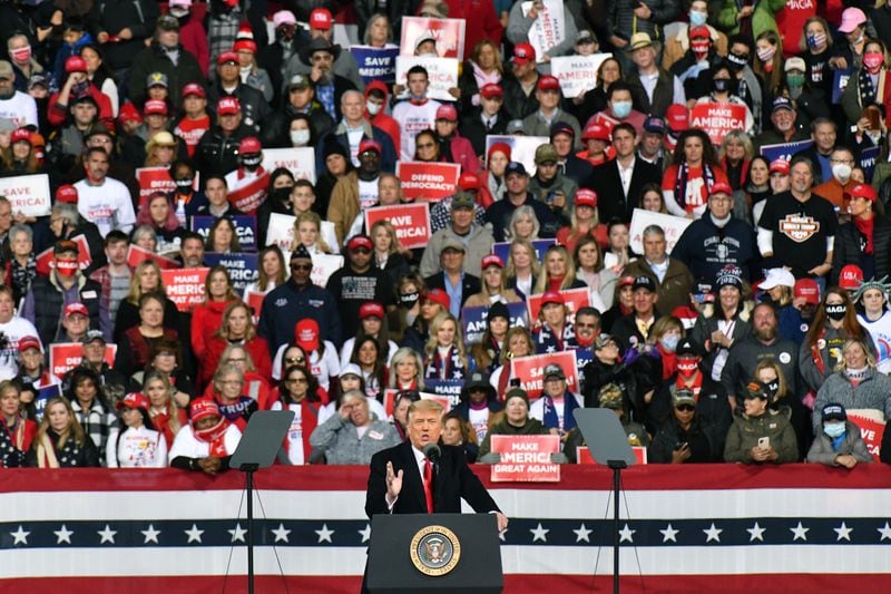 December 5, 2020 Valdosta - President Donald Trump speaks during the Republican National Committee's Victory Rally at the Valdosta Flying Services in Valdosta on Saturday, December 5, 2020. (Hyosub Shin / Hyosub.Shin@ajc.com)