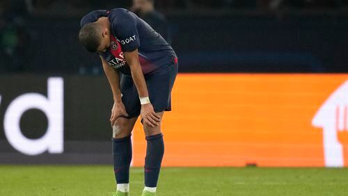 PSG's Kylian Mbappe reacts after the Champions League semifinal second leg soccer match between Paris Saint-Germain and Borussia Dortmund at the Parc des Princes stadium in Paris, France, Tuesday, May 7, 2024. (AP Photo/Christophe Ena)