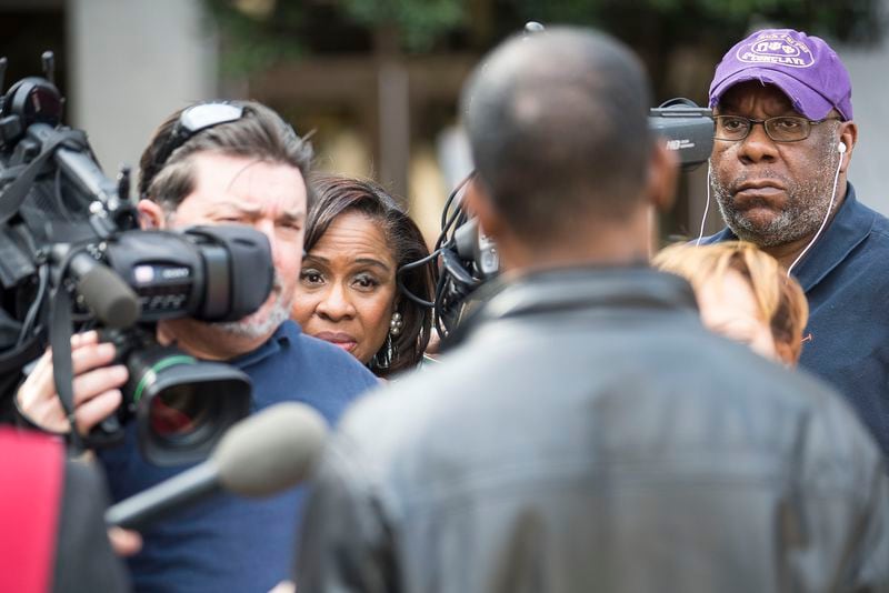10/14/2019 -- Decatur, Georgia -- Following the verdicts, members of the media speak to Juror 31 of the Robert "Chip" Olsen trial in front of the DeKalb County Courthouse. Juror 31, a 36-year-old father, asked that his identity remain concealed because of the nature of the case. (Alyssa Pointer/Atlanta Journal Constitution)