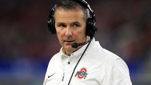 Head coach Urban Meyer of the Ohio State Buckeyes during the Goodyear Cotton Bowl against the USC Trojans in the second quarter at AT&T Stadium on December 29, 2017 in Arlington, Texas.
