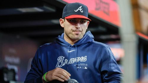 Braves third baseman Austin Riley (27) is seen in the dugout as the Braves face the Chicago Cubs 
at Truist Park on Tuesday, May 14, 2024. (Miguel Martinez/ AJC)
