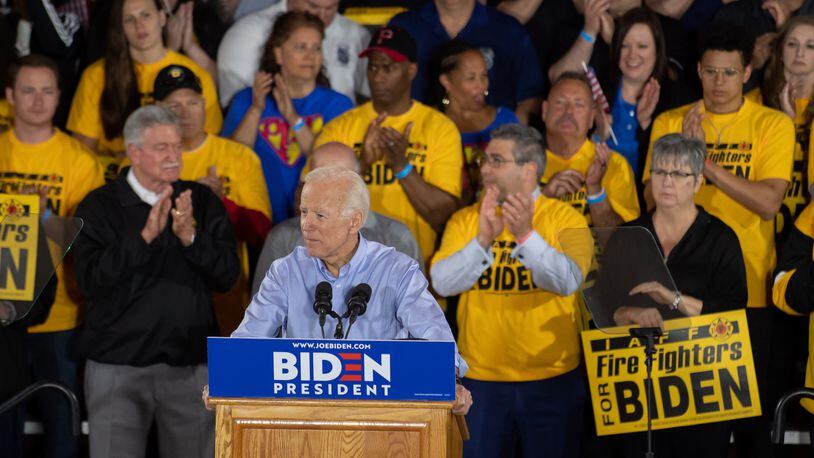 Democratic presidential candidate Joe Biden speaks at a campaign rally at Teamsters Local 249 Union Hall on Monday in Pittsburgh, Pa. Jeff Swensen/Getty Images