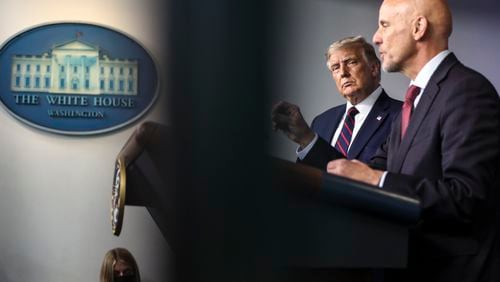 President Donald Trump watches Stephen Hahn, Food and Drugs commissioner, during a news conference announcing an emergency use authorization of a plasma treatment for COVID-19, at the White House in Washington, Aug. 23, 2020. Emergency-use authorizations, a formerly obscure corner of regulatory law, have become a centerpiece of the government’s response to the coronavirus pandemic. (Oliver Contreras/The New York Times)