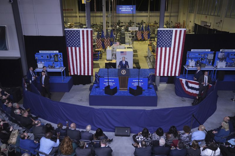 President Joe Biden delivers remarks on his "Investing in America agenda" at Gateway Technical College, Wednesday, May 8, 2024, in Sturtevant, Wis. (AP Photo/Evan Vucci)