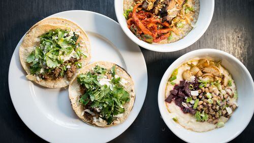 Quelites Street Tacos, Jasmine Rice Congee, and Parmesan Grits Breakfast Bowl. / Photo Credit- Mia Yakel. Styling Credit- Andy Gonzales.