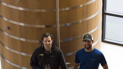 Mark Medlin, SweetWater Brewing Co. brewmaster (left) and Troy Montrone, The Woodlands barrel aging manager. PHOTO CREDIT: Tucker Berta Sarkisian.