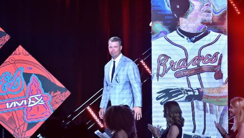 Former Atlanta Braves great Chipper Jones is introduced during a Braves Hall of Fame luncheon in Atlanta in  August of 2016. Jones is expected to be a first-ballot baseball Hall of Famer when the voting results are announced tonight.