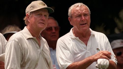 Jack Nicklaus, left, and Arnold Palmer chat before teeing off on the 9th tee during their practice round on July 22, 1998, before the U.S. Senior Open at the Riviera Country Club in Pacific Palisades, Calif. (Anacleto Rapping/Los Angeles Times/TNS)