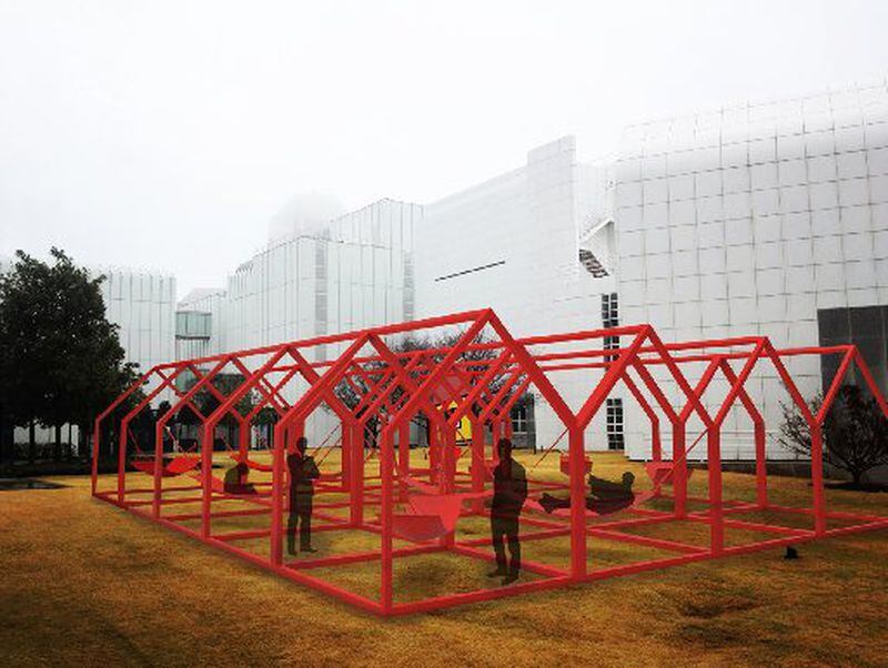 “Mi Casa,” created by Mexican designers Hector Esrawe and Ignacio Cadena, will feature a grid of 36 mobile, three-dimensional, open, 8-foot-by-8-foot-by-10.5-foot steel frames in the shape of houses on Sifly Plaza, with four additional ones scattered around the Woodruff campus. CONTRIBUTED BY HIGH MUSEUM