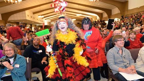 Karen Parker (center) and other members of Seed & Feed Marching Abominable Band, perform during the 36th Annual Groundhog Day Jugglers Festival at the Yaarab Shrine Center in Atlanta on Saturday, February 1, 2014. The festival returns this year on Super Bowl Sunday, Feb. 5.