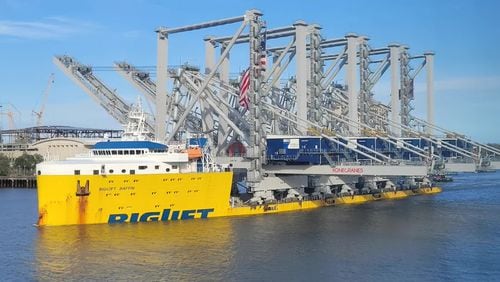 The vessel BigLift Barentsz delivered four ship-to-short cranes to the Port of Savannah on Thursday, Aug. 24, 2023. (Photo courtesy of the United States Coast Guard)