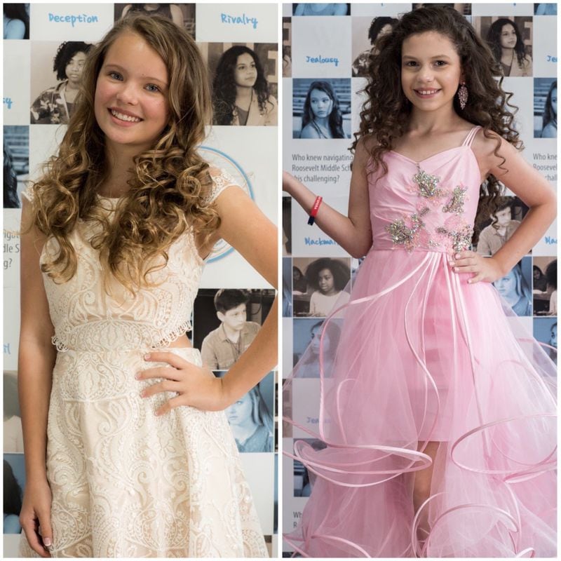 Kylissa Katalinich, 14, and Sofy Barahona, 10, pose at the premiere of local soap opera “In Our Lifetime” at Venture Cinema 12 in Duluth. Katalinich and Barahona play rivals Taylor and Amaya, respectively. CONTRIBUTED BY T&T MANAGEMENT AND PRODUCTION