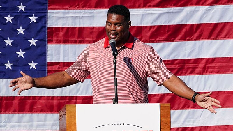 Herschel Walker’s campaign sent a cease-and-desist letter to a new political action committee called “Run Herschel Run” that was purportedly raising money to help him in the case of a runoff in the election for U.S. Senate. He is pictured at a campaign stop in Cumming, Ga., on Oct. 27, 2022. (John Bazemore/AP)