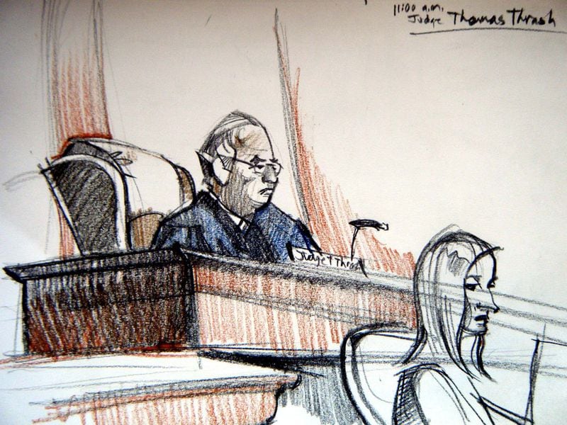 Chief Judge Thomas Thrash of the Northern District of Georgia, during a court hearing. (AJC sketch artist Walter Cumming.)