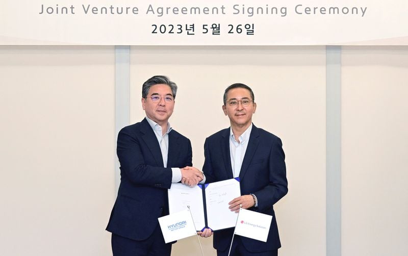 Jaehoon Chang (left), President and CEO of Hyundai Motor Company, and Youngsoo Kwon, CEO of LG Energy Solution, announced a joint electric vehicle battery plant in the Savannah area on Thursday, May 26, 2023.