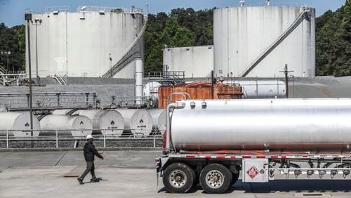 Gas tankers filled up and gasoline flowed at the Chevron Doraville Terminal in DeKalb County on Friday, May 14, 2021. (John Spink / john.spink@ajc.com)