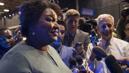 11/20/2019 -- Atlanta, Georgia -- Former Georgia Gubernatorial candidate Stacey Abrams, founder of Fair Fight Georgia, speaks with members of the press before the start of the MSNBC/The Washington Post Democratic Presidential debate at Tyler Perry Studios, Monday, November 20, 2019. (Alyssa Pointer/Atlanta Journal Constitution)