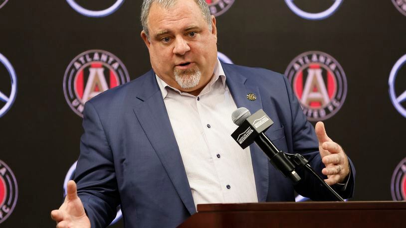  Garth Lagerwey answered questions from the press member during a press conference after being introduced as the new Atlanta United President & CEO  on Tuesday, November 29, 2022.  Miguel Martinez / miguel.martinezjimenez@ajc.com Miguel Martinez / miguel.martinezjimenez@ajc.com