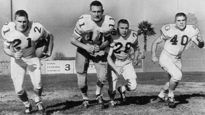 Georgia Tech's starting backfield -- halfback Paul Rotenberry (from left), quarterback Wade Mitchell, fullback Jimmy Thompson and halfback Ken Owen -- went through a final signal drill before the 1956 Gator Bowl clash with Pittsburgh in the Jacksonville, Fla.