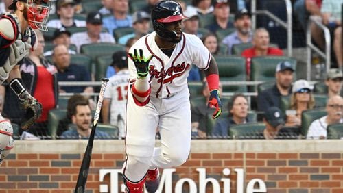 Braves center fielder Michael Harris II (23) hits a single in the third inning at Truist Park, Wednesday, May 10, 2023, in Atlanta. (Hyosub Shin / Hyosub.Shin@ajc.com)