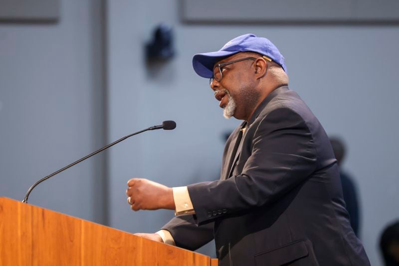 Lance Hammonds, the president of the NAACP DeKalb Branch, speaks to the DeKalb County Board of Education at the district office Monday, April 17, 2023, in Stone Mountain. Hammonds urged the board to support whoever it hires for the superintendent role. (Jason Getz / Jason.Getz@ajc.com)