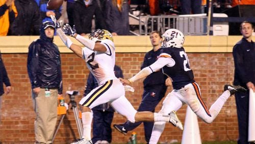 CHARLOTTESVILLE, VA - NOVEMBER 4: Ricky Jeune #2 of the Georgia Tech Yellow Jackets can't reach a pass in the end zone defended by Juan Thornhill #21 of the Virginia Cavaliers in the fourth quarter during a game at Scott Stadium on November 4, 2017 in Charlottesville, Virginia. Virginia defeated Georgia Tech 40-36. (Photo by Ryan M. Kelly/Getty Images)
