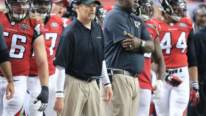 Falcons coach Dan Quinn looks on from the sidelines as his team falls behind 20-3 to the Vikings in a football game on Sunday, Nov. 29, 2015, in Atlanta. Curtis Compton / ccompton@ajc.com