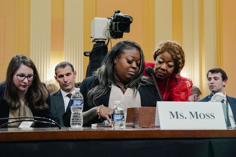 FILE — An emotional Wandrea Moss is comforted by her mother Ruby Freeman, both former election workers in Georgia, during testimony to the House select committee investigating the Jan. 6. attack on the U.S. Capitol, in Washington, June 21, 2022.. (Shuran Huang/The New York Times)