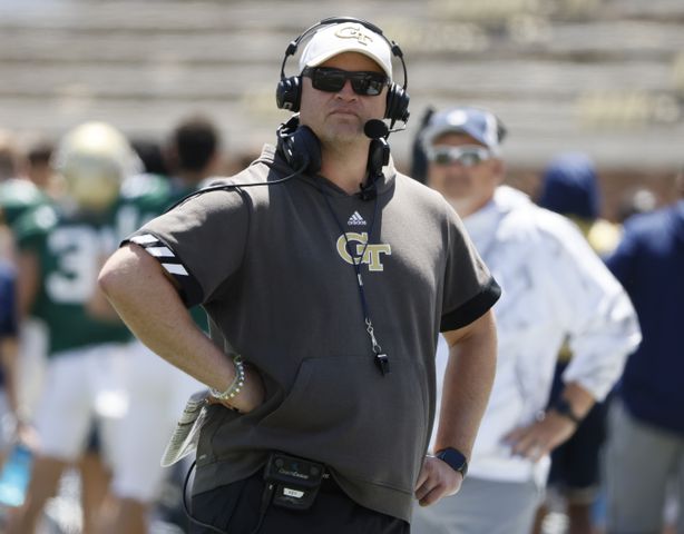 Georgia Tech head coach Brent Key keeps an eye on the action during the Spring White and Gold game at Bobby Dodd Stadium at Hyundai Field In Atlanta on Saturday, April 13, 2024.   (Bob Andres for the Atlanta Journal Constitution)