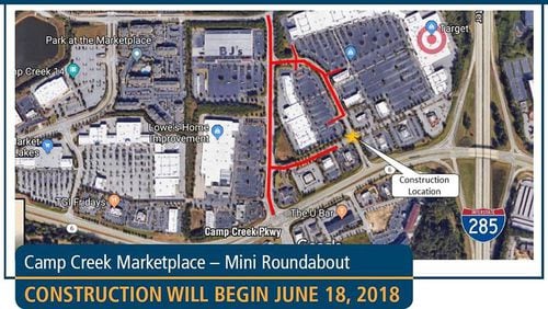 Camp Creek Marketplace mini roundabout construction begins Monday, June 18. CONTRIBUTED