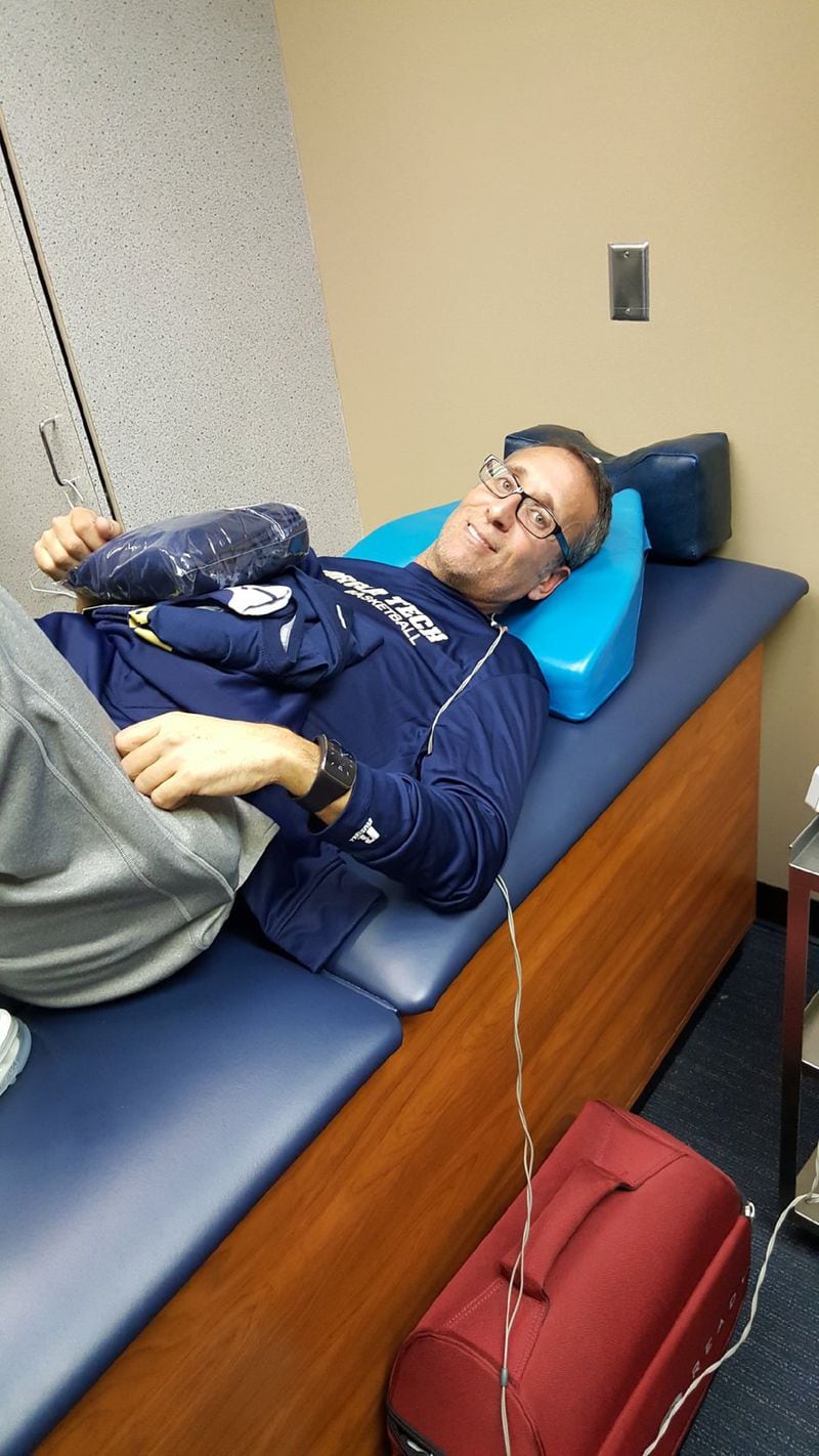Ron Bell, now estranged from his friend Josh Pastner, the men’s basketball coach at Georgia Tech, receives treatment for a bad back in the Tech athletic training room in 2016. Photo courtesy of Ron Bell.
