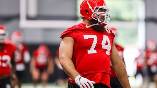 Georgia offensive lineman Ben Cleveland (74) during the Bulldogs’ practice in Athens, Ga., on Mon., Aug. 17, 2020. (Photo by Chamberlain Smith)