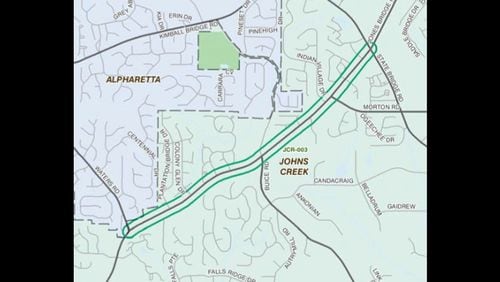 Map depicts the section of Jones Bridge Road to be widened in Johns Creek. CITY OF JOHNS CREEK