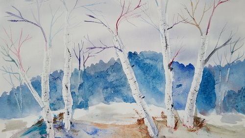 WINTER BIRCHES Blue an ORIGINAL Watercolor by Barbara Flexner. View of cool, bare birch trunks against winter sky.