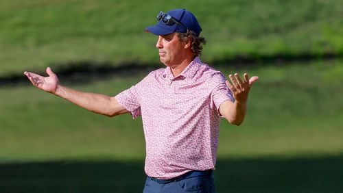 Stephen Ames reacts after making his putt on the 18th green to win the Mitsubishi Classic senior golf tournament at TPC Sugarloaf, Sunday, April 28, 2024, in Duluth, Ga.
(Miguel Martinez / AJC)
