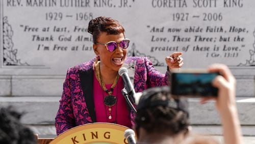 Bernice A. King, CEO of The King Center, speaks at a wreath laying ceremony at The King Center on the 54th anniversary of the assassination of Dr. Martin Luther King Jr., on Monday, April 4, 2022, in Atlanta. (Elijah Nouvelage/Special to the Atlanta Journal-Constitution)