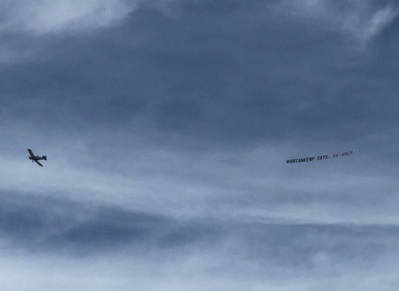 The Democratic Party of Georgia hired a plane to pull this banner over Athens before the Bulldogs routed Tennessee on Sept. 29, 2018.