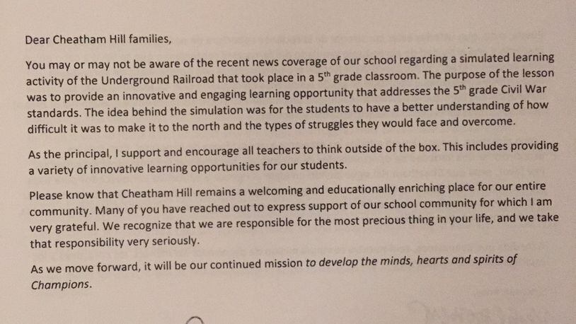Parents at Cheatham Hill Elementary received this letter today on the controversy around an activity to teach kids about slavery.