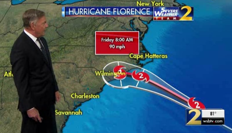 ‘It won’t allow (Hurricane Florence) to develop any further, so it’ll remain a Category 2 and may become a Category 1 before making landfall,’ Channel 2 Action News chief meteorologist Glenn Burns said.