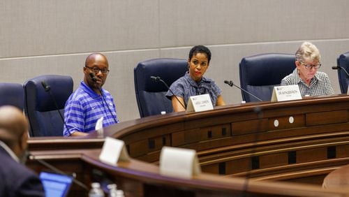 The Fulton County Board of Registration and Elections meets at the Assembly Hall of the Fulton County Government Center to certify the June general primary run-off election on Monday, June 27, 2022. (Arvin Temkar / arvin.temkar@ajc.com)