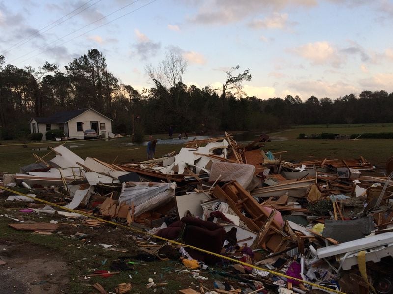 Wreckage of the mobile home in which Betty Lee Newsome, 82, and husband Jessie Newsome, 67, were found dead near Barney, Ga., after Sunday’s violent storms. Photo Joshua Sharpe / AJC