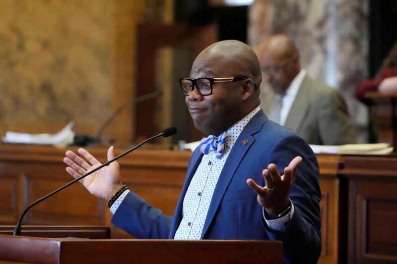 Mississippi State Sen. Derrick Simmons, D-Greenville, gestures while speaking at the well before the body in the Senate chamber at the state Capitol in Jackson, Miss., Thursday, May 2, 2024. (AP Photo/Rogelio V. Solis)