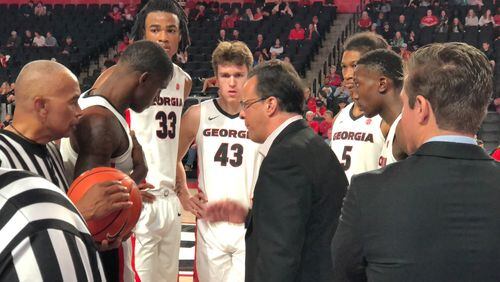 Tom Crean shares a teachable moment with the Bulldogs during exhibition victory over West Georgia.