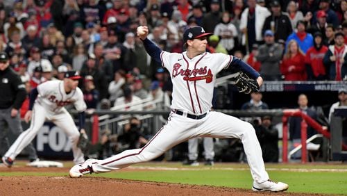 Braves pitcher Kyle Wright delivers to an Astros batter during the fifth inning in Game 4 of the World Series. (Hyosub Shin / Hyosub.Shin@ajc.com)