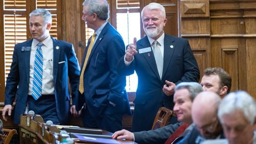 State Sen. Randy Robertson, R-Catalula, sponsor of Senate Bill 63, regarding bonds and bails, gives a thumbs up following a vote on the bill in the Senate at the Capitol in Atlanta on Thursday, February 1, 2024. (Arvin Temkar/arvin.temkar@ajc.com)