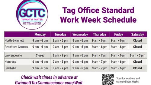 Gwinnett Tax Commissioner Tiffany P. Porter has announced new tag office hours effective March 1 to better meet the needs of Gwinnett residents who want in-person customer service. (Courtesy Gwinnett County)